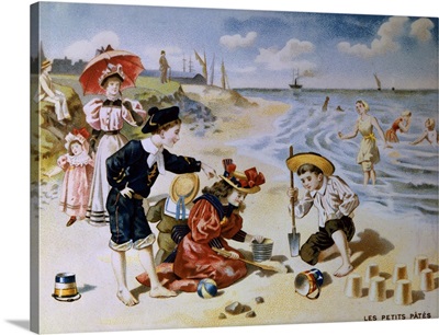 The Sandcastles, Children Playing at the Beach, c.1880-1900, French Lithograph