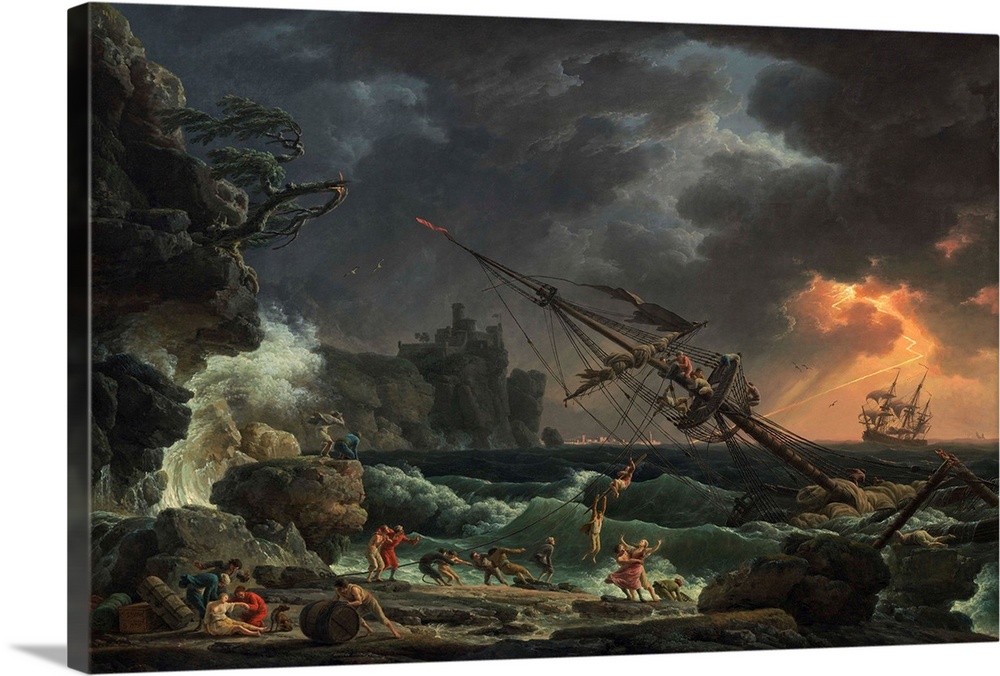 The Shipwreck, by Claude-Joseph Vernet, 1772, French painting, oil on canvas. People escape on a life line from a storm wr...