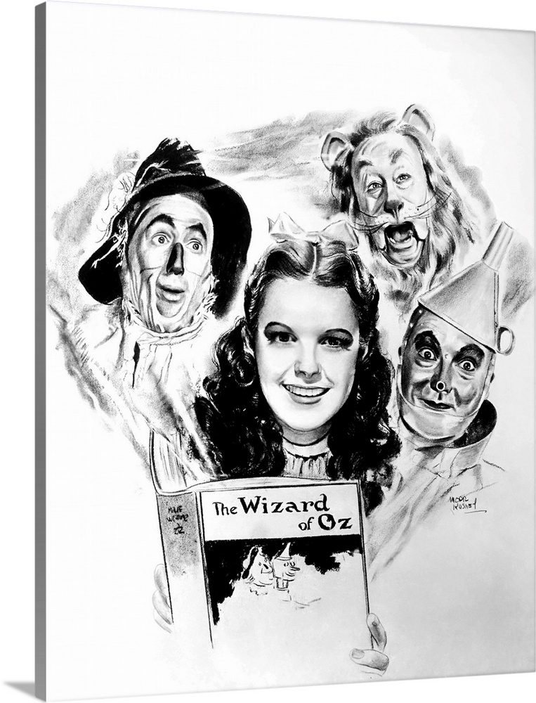 THE WIZARD OF OZ, advertising art, clockwise from center, Judy Garland, Ray Bolger, Bert Lahr, Jack Haley, 1939.