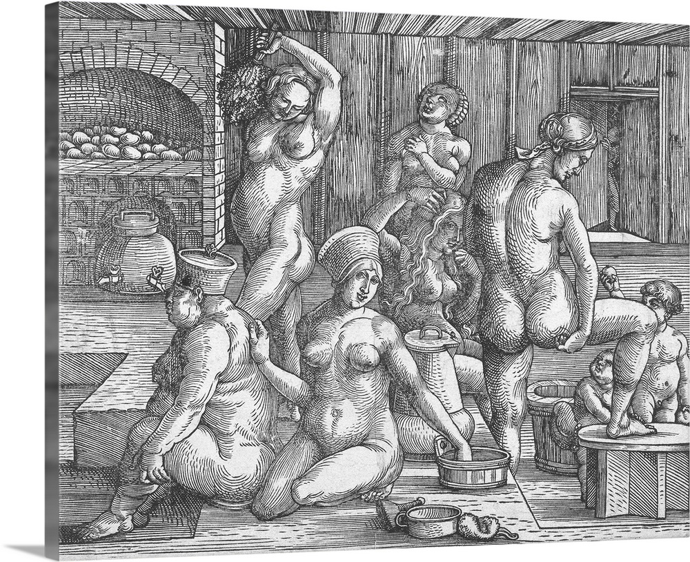 The Women's Bath, by Albrecht Durer, 1496-1501, German wood engraving. Six women and two small children in a bath and sauna.