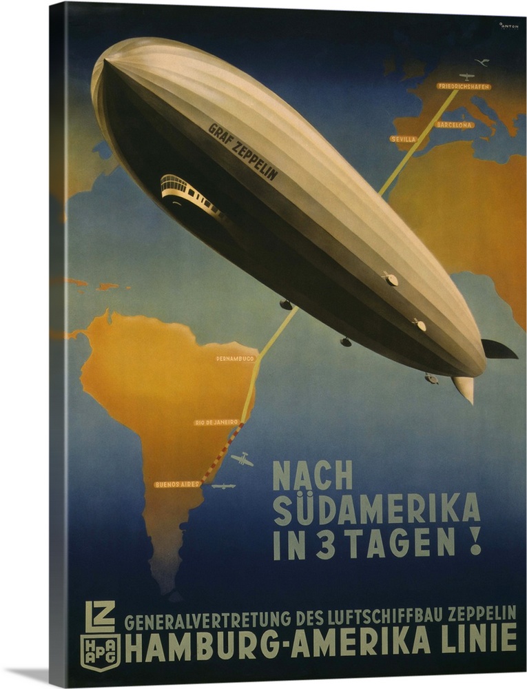 Three Days to South America! Hamburg-America Line. Travel Poster promoting Graf Zeppelin route from Friedrichshafen to Bue...