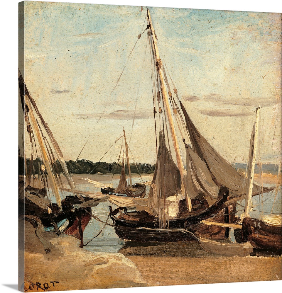 Trouville, Fishing Boats Stranded in the Channel, by Jean-Baptiste-Camille Corot, 1830 about, 19th Century, oil on canvas,...