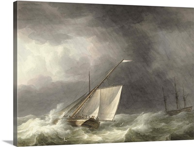 Two Sailing Ships in Rough Seas, 1803, Dutch watercolor painting