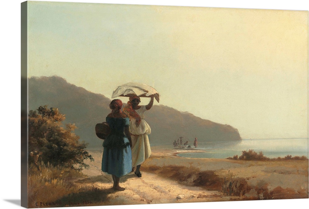 Two Women Chatting by the Sea, St. Thomas, by Camille Pissarro, 1856, French impressionist painting, oil on canvas. Pissar...
