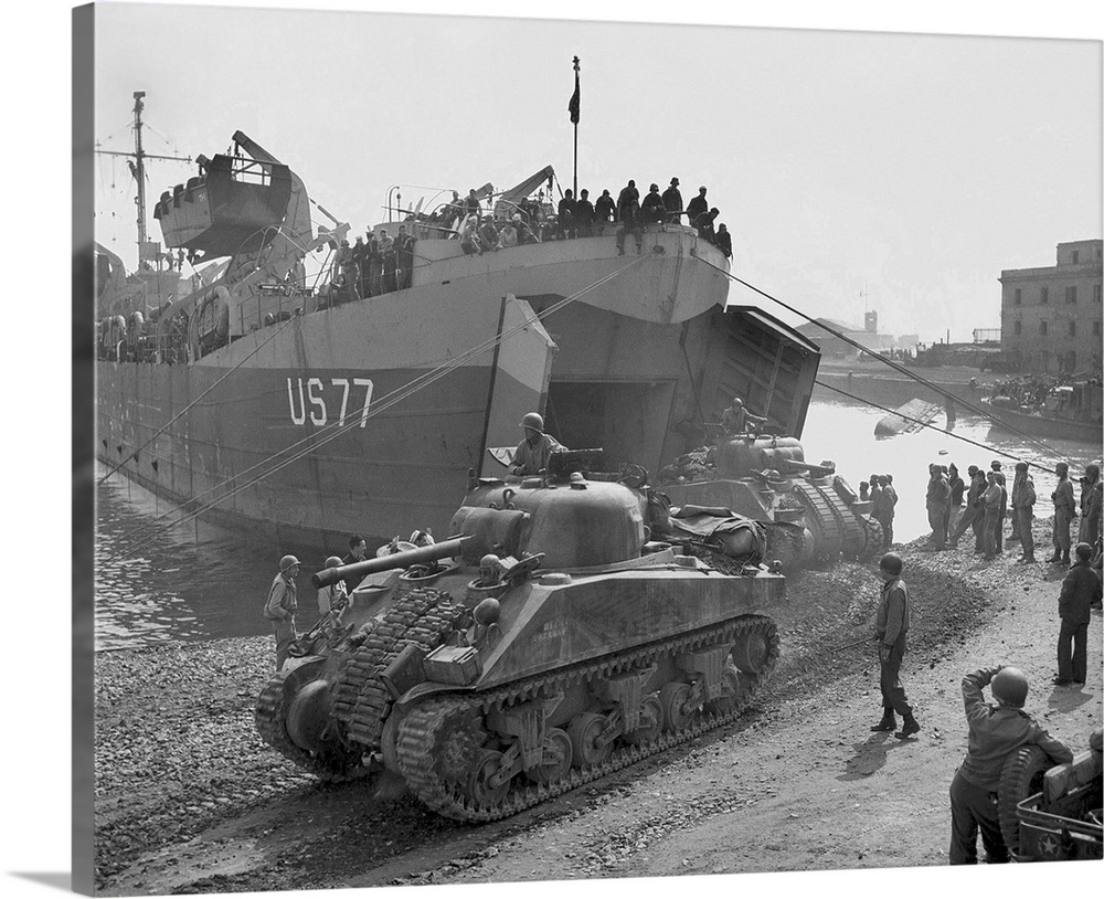 U.S. Sherman Tanks Leave Landing Ship In Anzio Harbor, May 1944