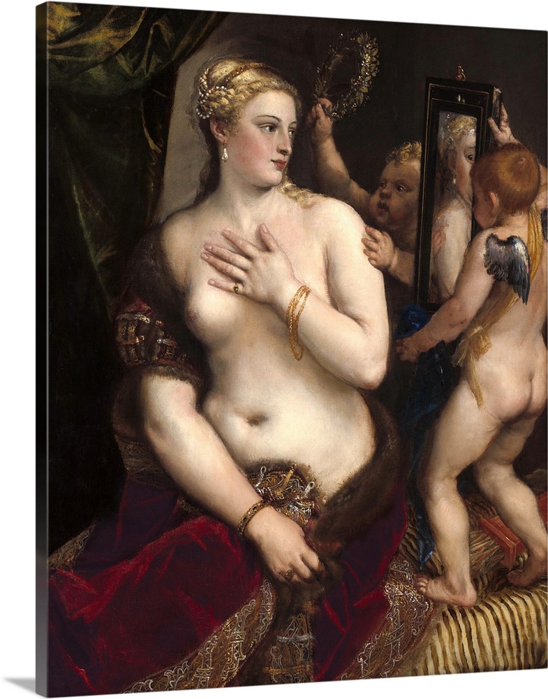 Venus with a Mirror, by Titian, c. 1555, Italian Renaissance painting, oil on canvas. The painting of the classical Goddes...