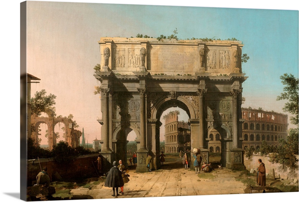 View of the Arch of Constantine with the Colosseum, Italian, by Canaletto, 1742-45, Italian painting, oil on canvas. Noted...