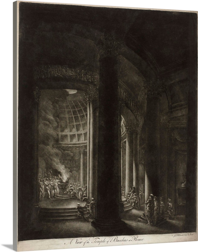 View of the Bacchus temple in Rome, by Jacques Francois Blondel, 1760s, French print, mezzotint. View from entryway into a...