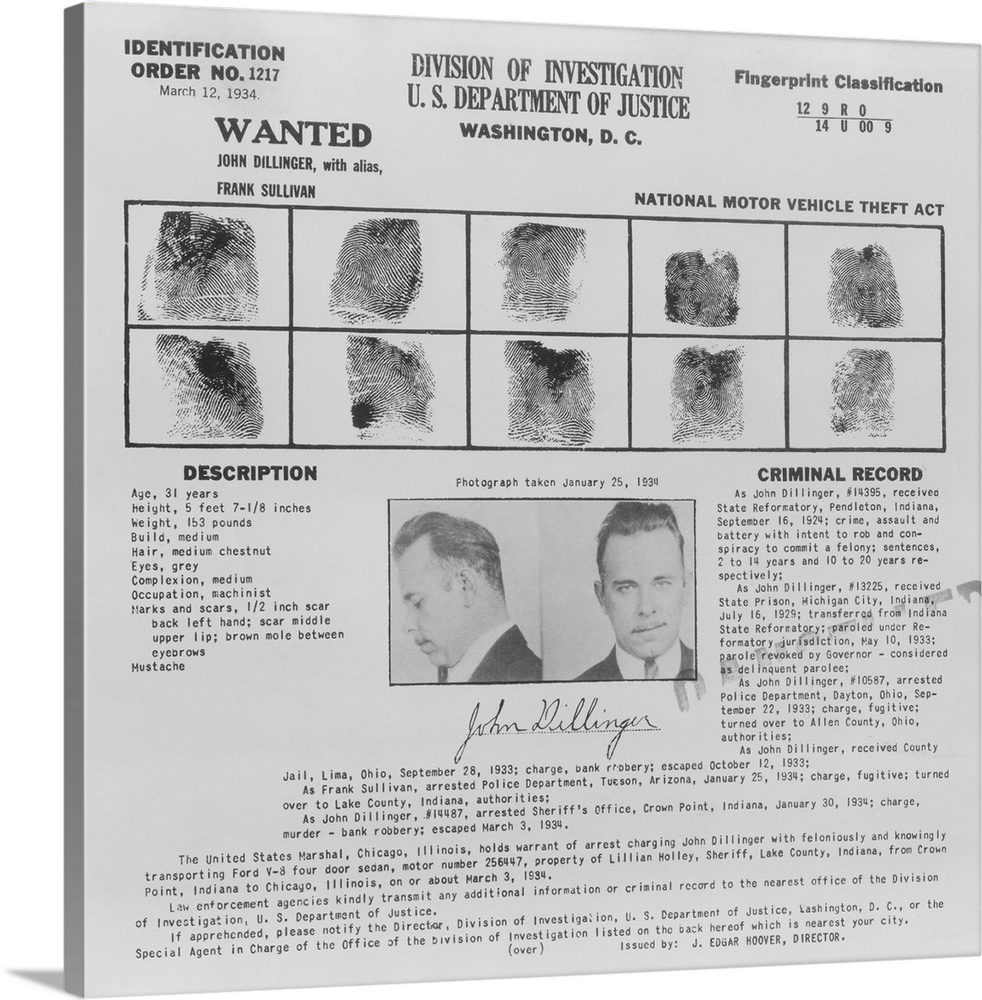 Wanted Poster for John Dillinger, 1934