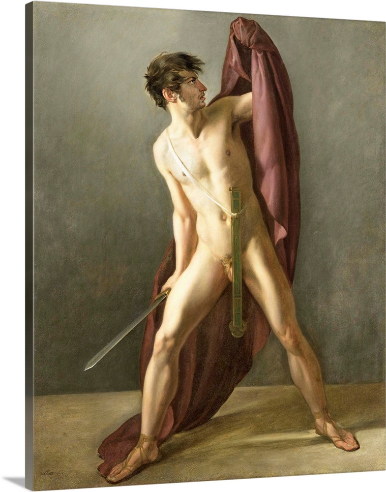 Warrior with Drawn Sword, Joannes Echarius Carolus Alberti, 1808, Dutch painting, oil on canvas. Nude warrior with sword d...