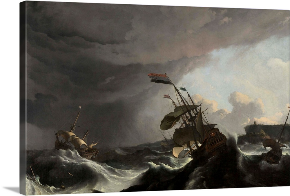 Warships in a Heavy Storm, by Ludolf Bakhuysen, c. 1695, Dutch painting, oil on canvas. In 1694 Dutch warships encounter a...
