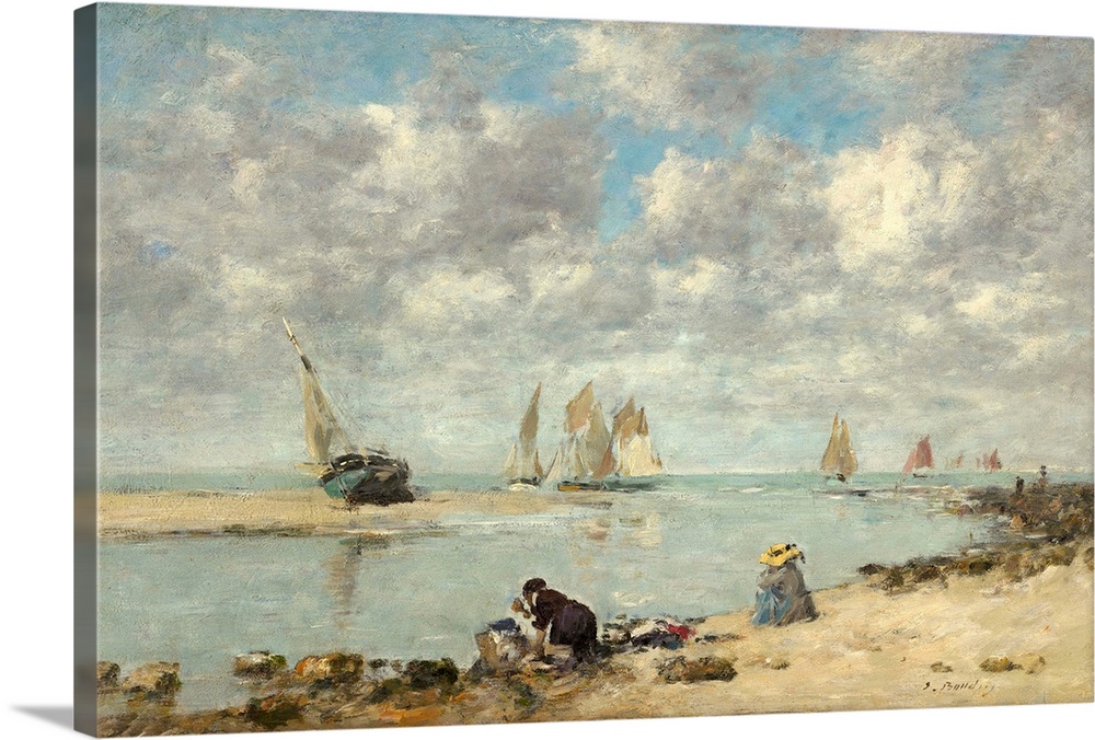 Washerwoman near Trouville, by Eugene Boudin, 1872-76, French impressionist painting, oil on canvas. A laundress works alo...