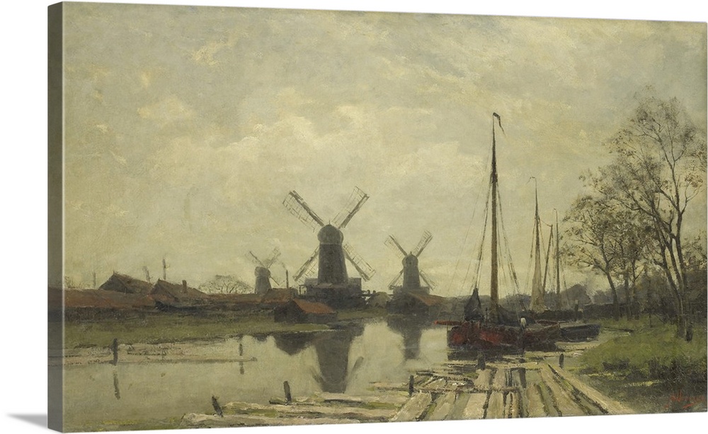 Waterway near the Baarsjes, Amsterdam, by Jan Hillebrand Wijsmullerm, 1880-1901, Dutch painting, oil on canvas. Three wind...