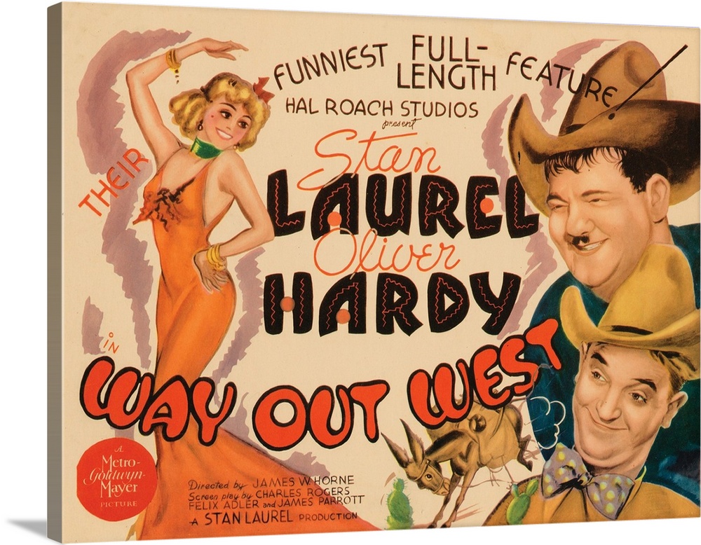 WAY OUT WEST, US poster, Sharon Lynn (left), right from top: Oliver Hardy, Stan Laurel, 1937.