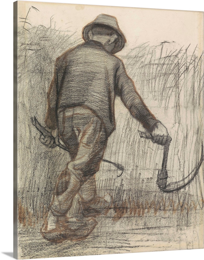 Wheat Mower with Hat, Seen from Behind, by Vincent van Gogh, c. 1870-90, Dutch drawing, chalk and pencil on paper. Harvest...