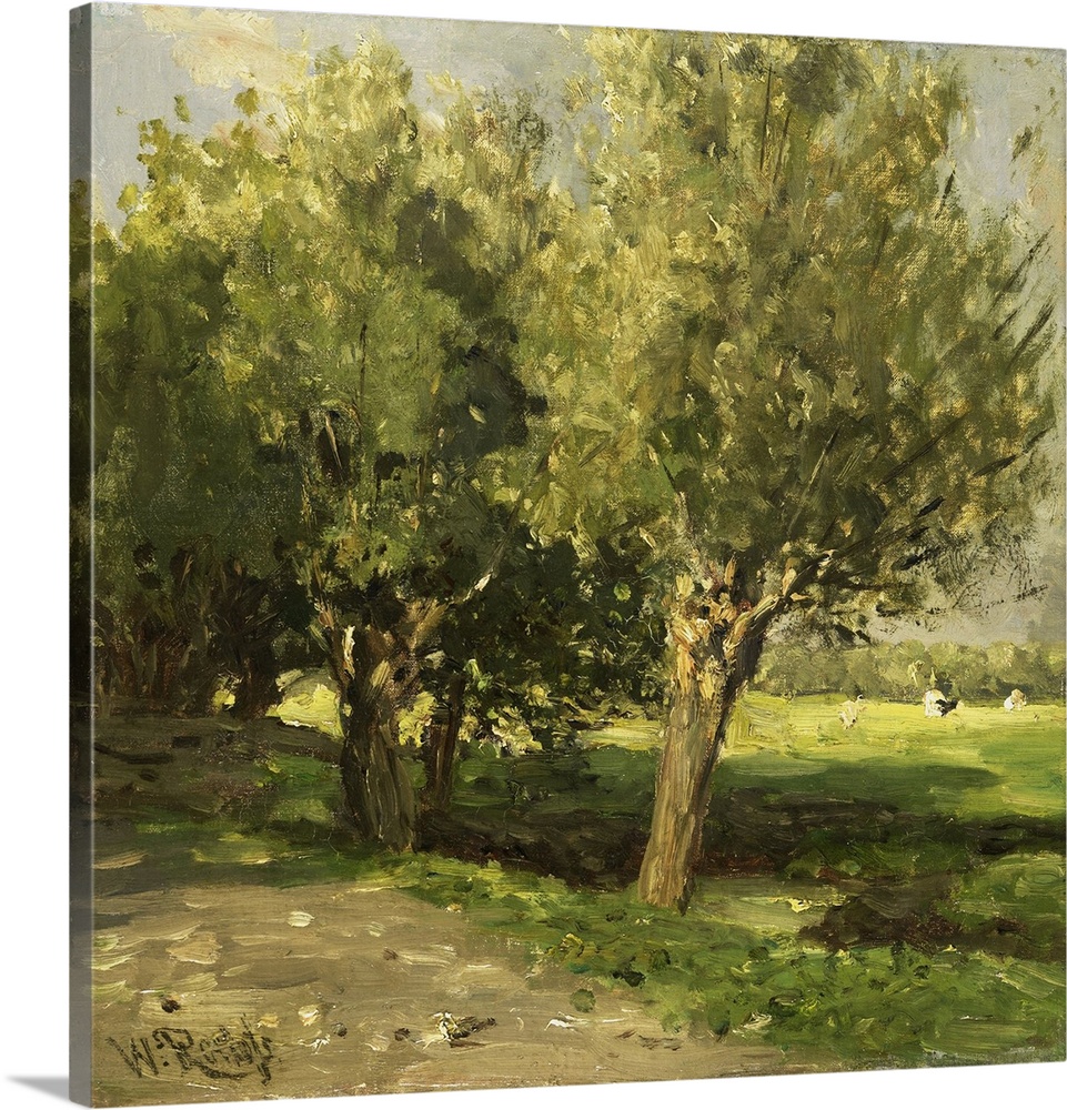Wilgebome (Willow Trees), by Willem Roelofs 1st, 1875-85, Dutch painting, oil on panel. Willow trees growing on the edge o...