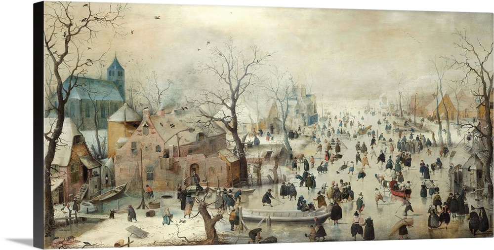 Winter Landscape with Ice Skaters, by Hendrick Avercamp, 1608, Dutch painting, oil on panel. Hundreds of people are out on...