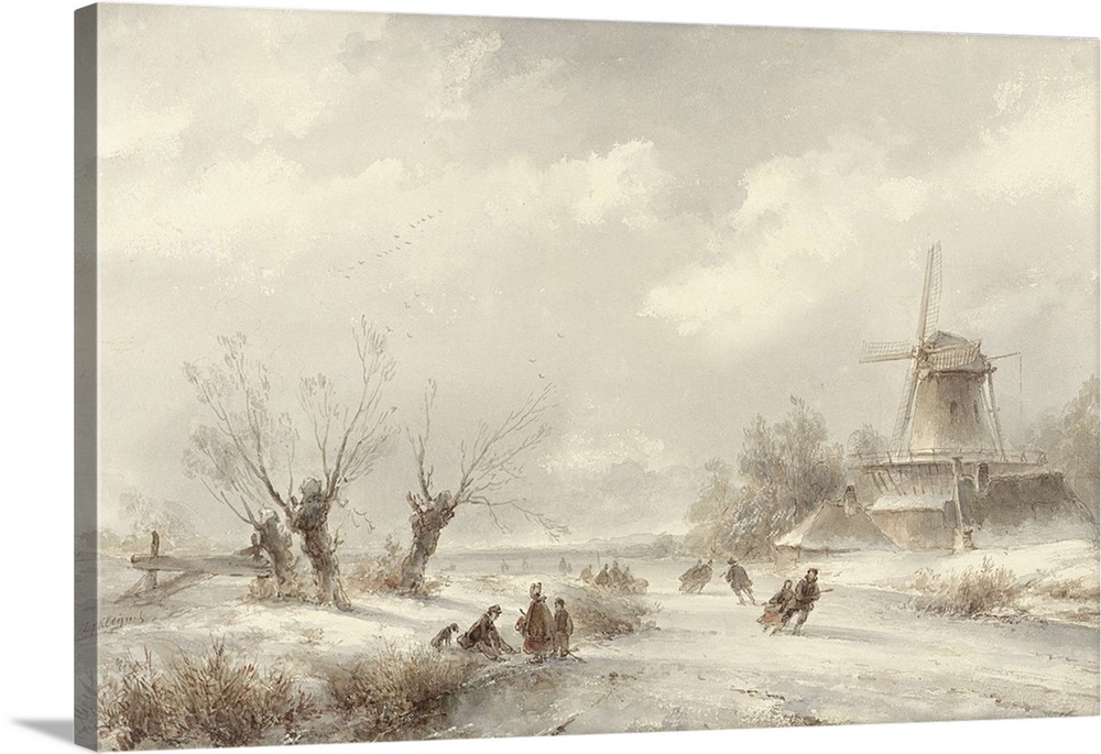 Winter Landscape with Skaters by a Windmill, by Lodewijk Johannes Kleijn, c. 1850-90. Dutch watercolor painting. Couples a...