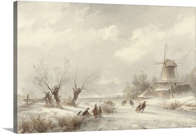 Winter Landscape with Skaters by a Windmill, by Lodewijk Johannes Kleijn