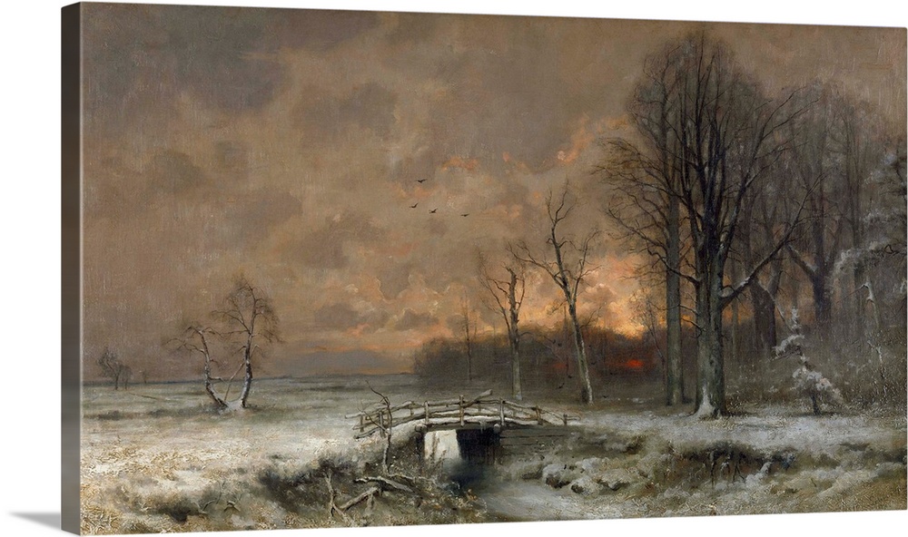 Winter Scene with the Sun Setting Behind Trees, Louis Apol, c. 1890-20. Wooden bridge near a meadow bordered by woods.