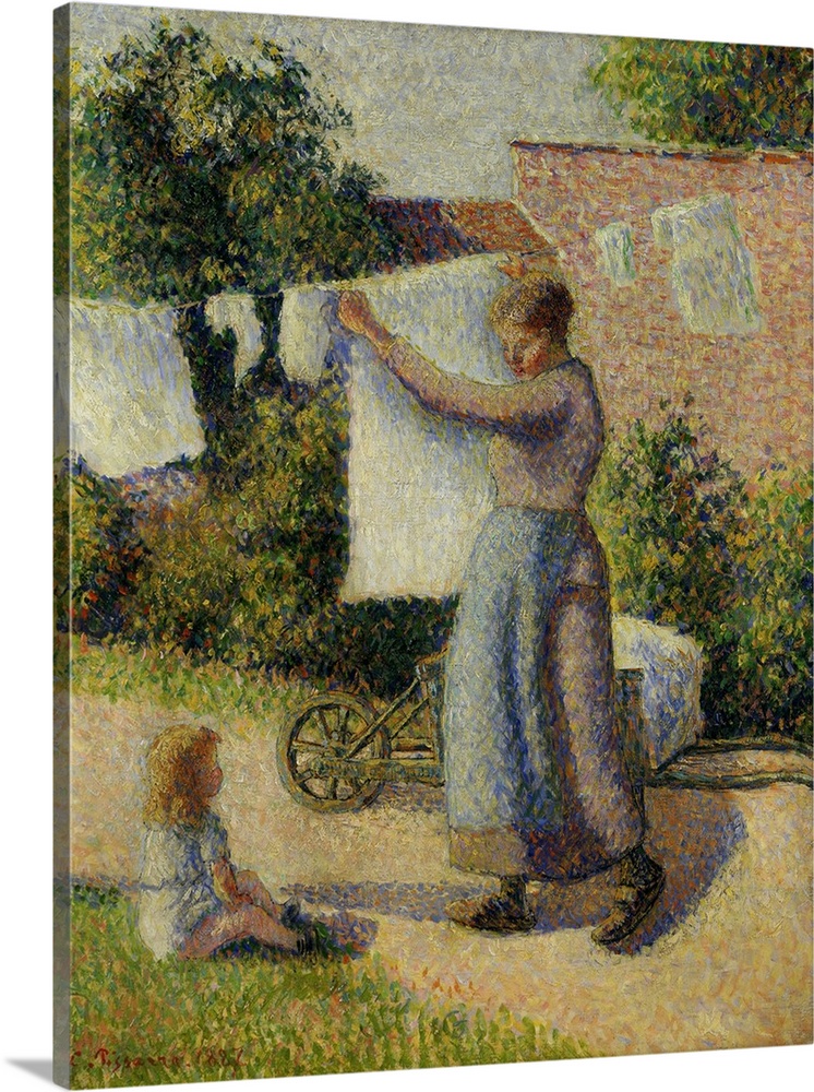 Camille Pissarro, French School. Woman Hanging up the Washing. Oil on canvas, 0.41 x 0.32 m. Paris, musee d'Orsay. c715, P...