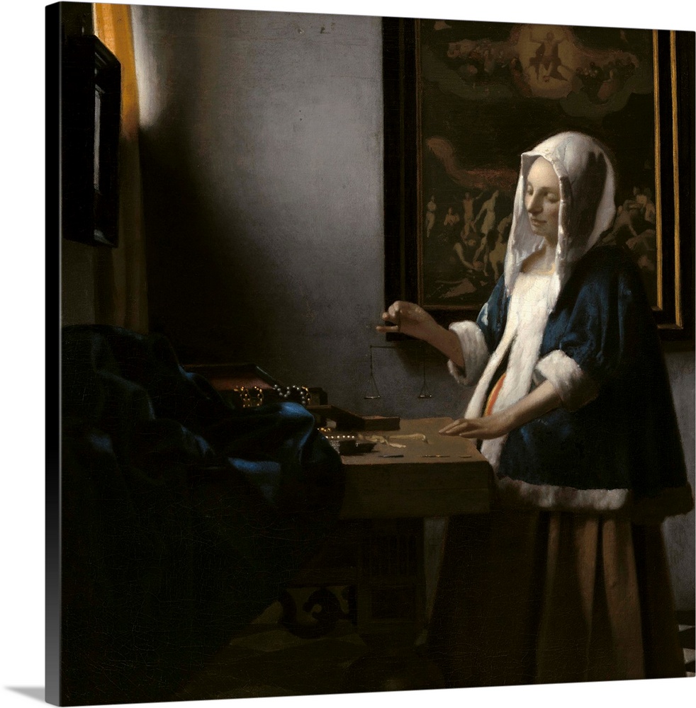 Woman Holding a Balance, by Johannes Vermeer, c. 1664, Dutch painting, oil on canvas. A painting of the Last Judgment hang...