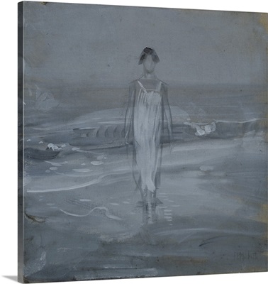 Woman in White Dress Walking at Water's Edge by the Sea, 1910