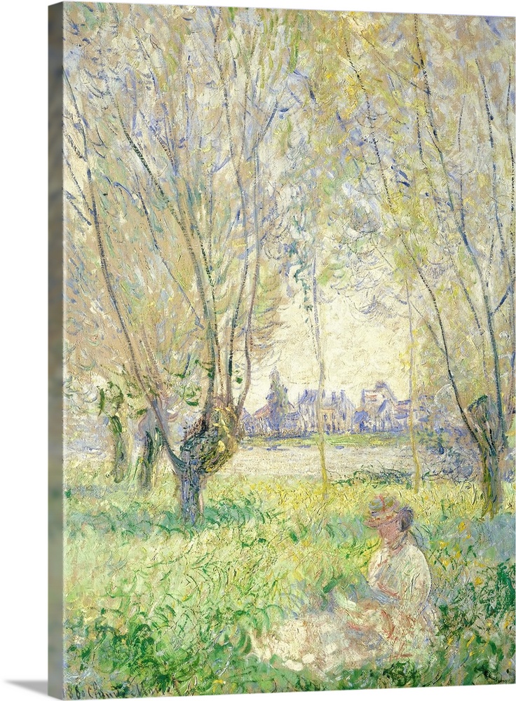 Woman Seated under the Willows, by Claude Monet, 1880, French impressionist painting, oil on canvas. The figure emerges fr...