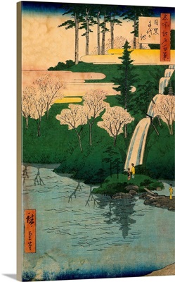 Women and Child walking in Landscape with Waterfall, 19th Century Japanese Woodcut