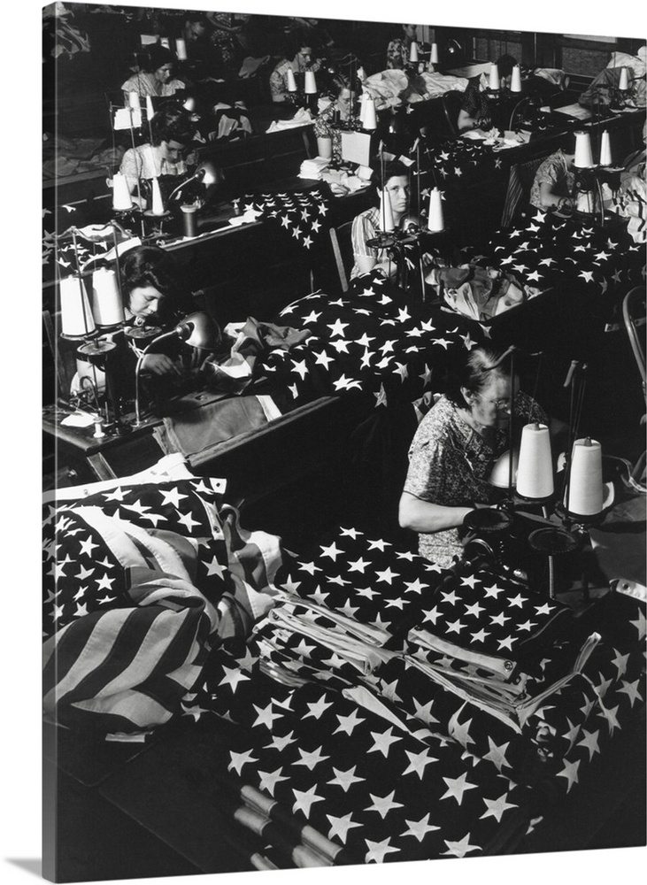 Women sewing American Flags in Brooklyn, New York City on July 24, 1940. Photo from the Records of Naval Districts and Sho...