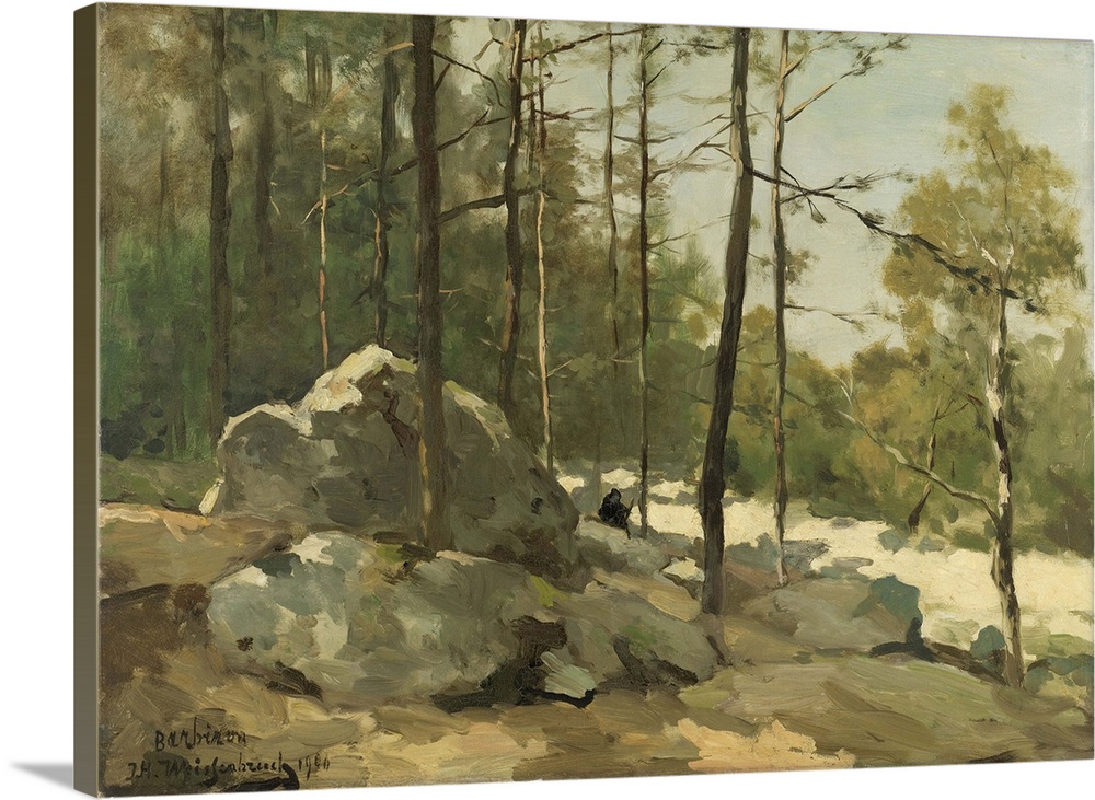 Wooded View near Barbizon, by Johan Hendrik Weissenbruch, 1900, Dutch painting, oil on canvas. A painter on a boulder sket...