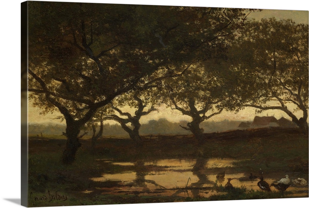 Woodland Pond at Sunset, by Gerard Bilders, c. 1862, Dutch painting, oil on panel. Trees at sunset in the vicinity of Loch...