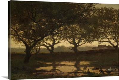 Woodland Pond at Sunset, c. 1862, Dutch painting, oil on panel