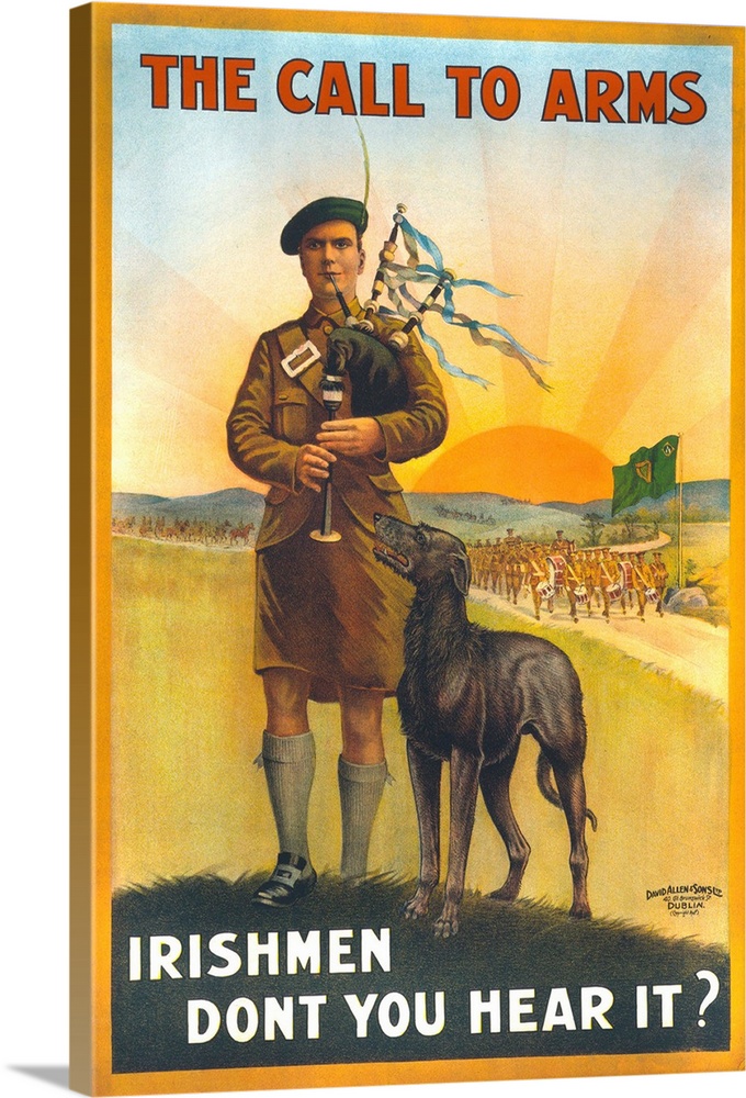 World War I, Irish military recruitment poster showing a kilted Irish soldier playing bagpipes, beside him a dog, with tro...