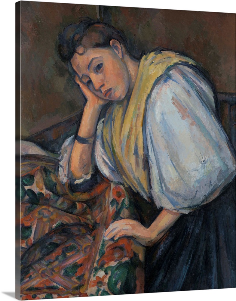 Young Italian Woman at a Table, by Paul Cezanne, 1895-1900, French Post-Impressionist painting, oil on canvas. Cezanne pai...