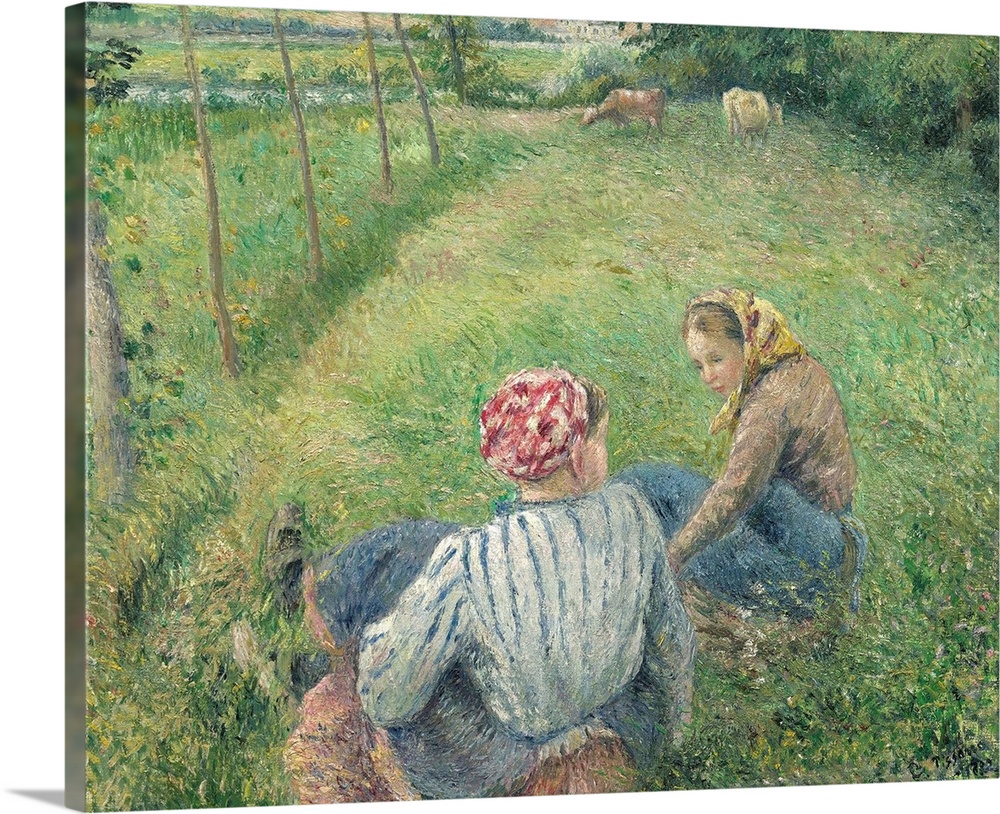 Young Peasant Girls Resting in the Fields near Pontoise, by Camille Pissarro, 1882, French impressionist painting, oil on ...