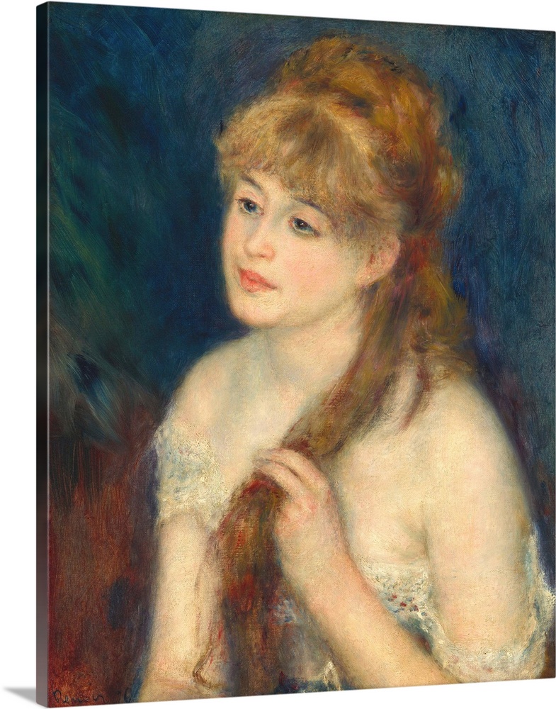 Young Woman Braiding Her Hair, by Auguste Renoir, 1876, French painting, oil on canvas. This is a classic Renoir portrait ...