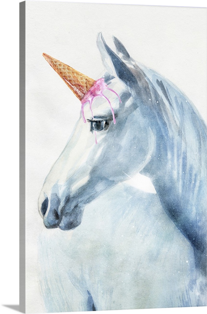 Blue watercolor painting of horse with emphasized head on white