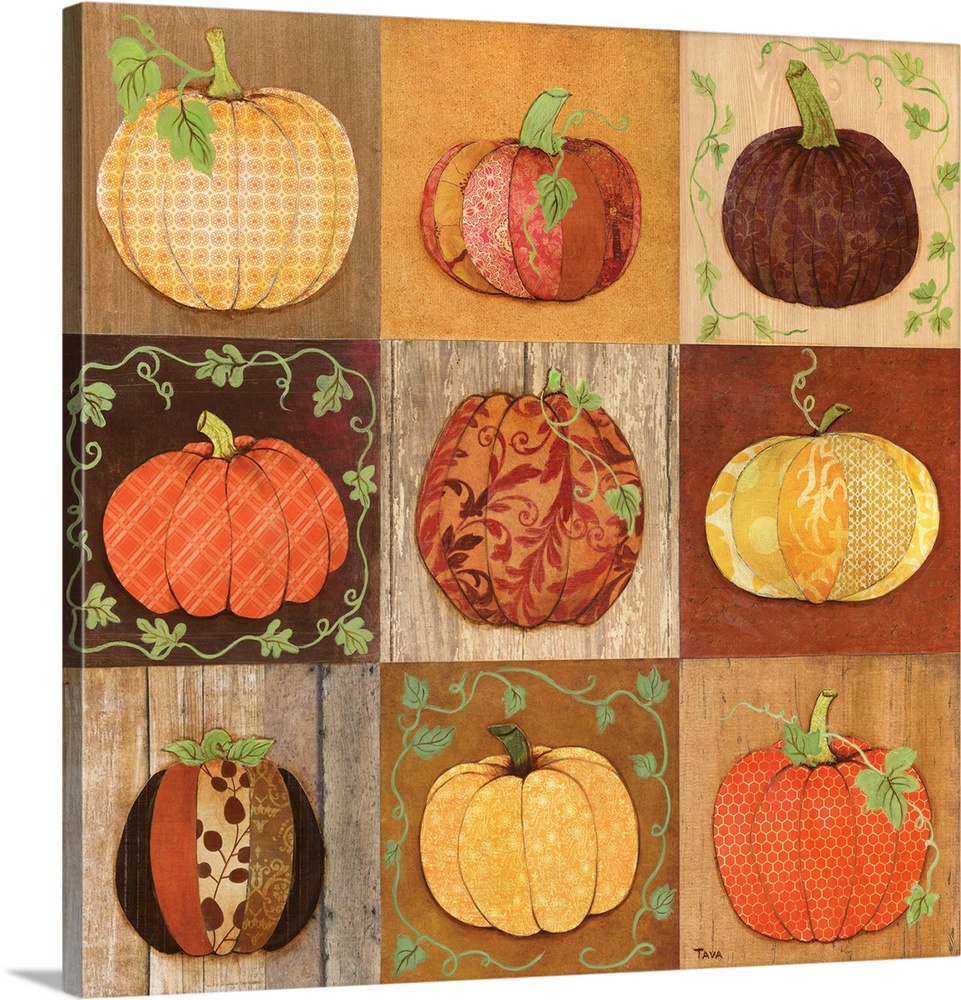 A decorative Fall painting of 9 beautifully designed pumpkins on a wooden background.
