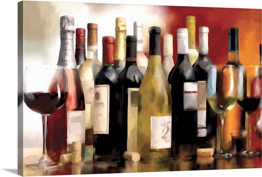 Contemporary still life painting of wine bottles and glasses of wine on a table.