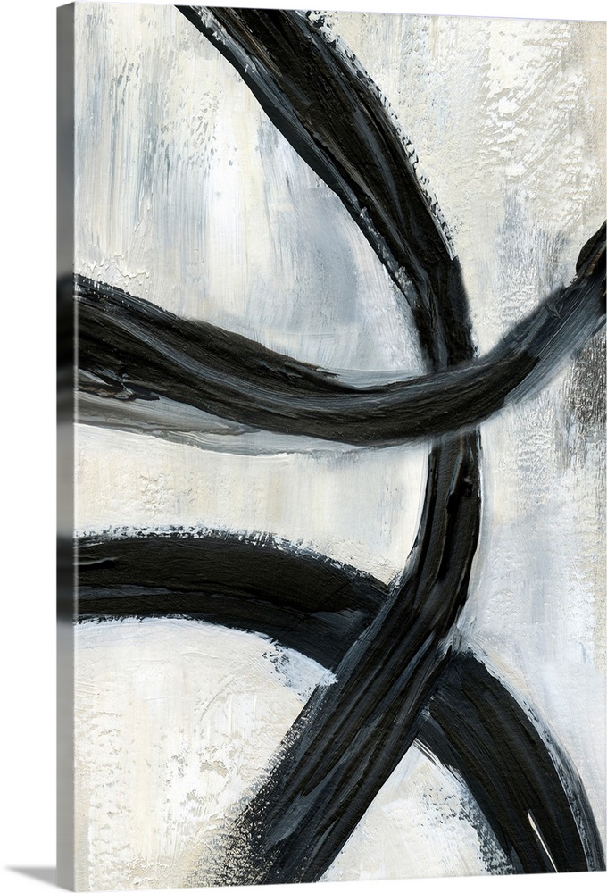 Contemporary abstract artwork with broad black brush strokes across the center against a neutral background.