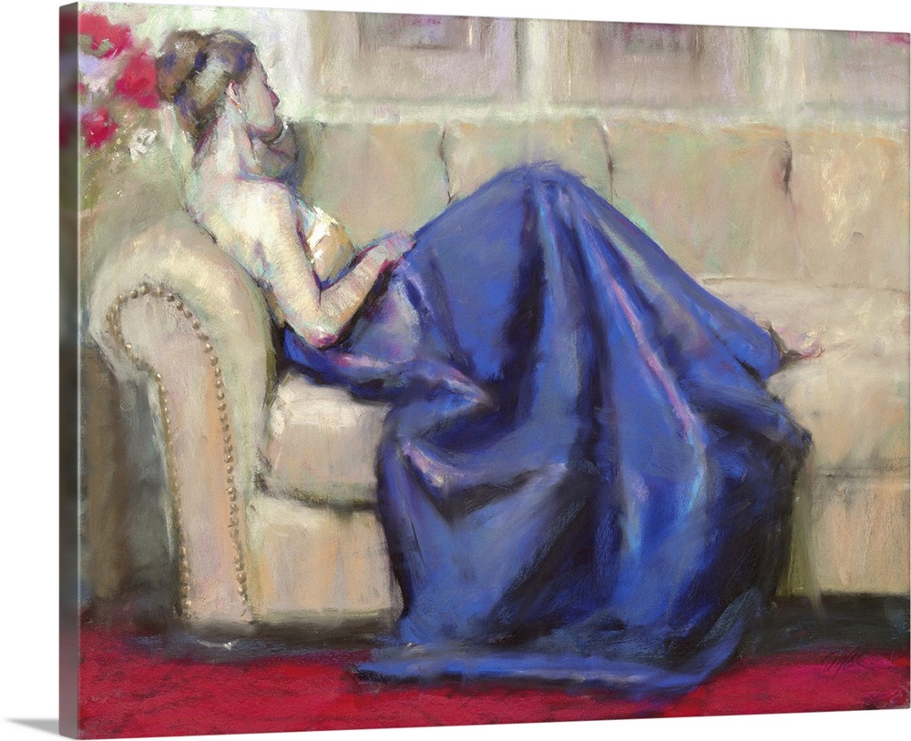 Contemporary artwork of a woman wearing a formal gown and lounging on a sofa.