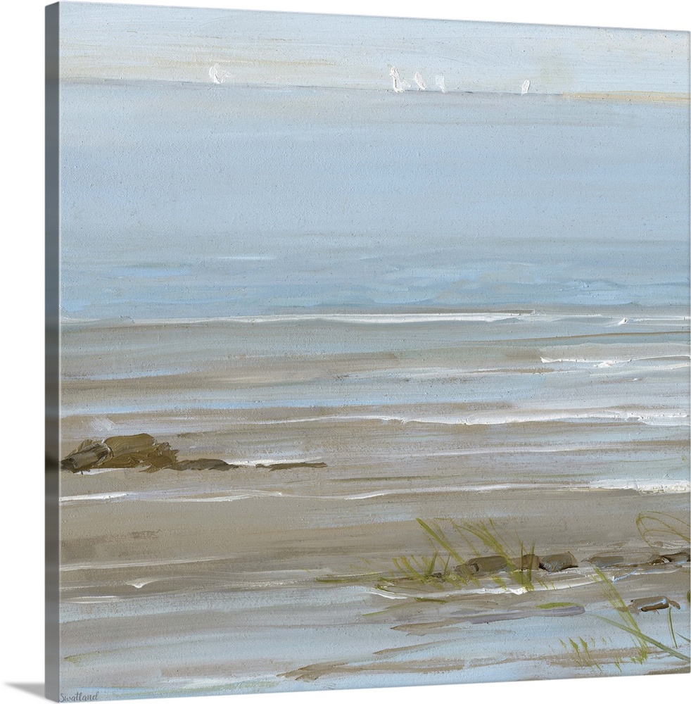 Contemporary square painting of an ocean scene with sailboats in the distance and the tide coming in over the rocky beach ...