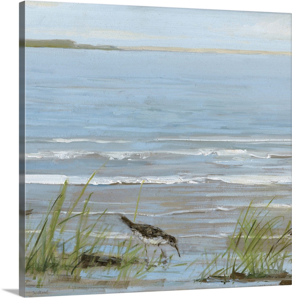 Contemporary square painting of a seabird grazing a shallow shore with small waves in the background.