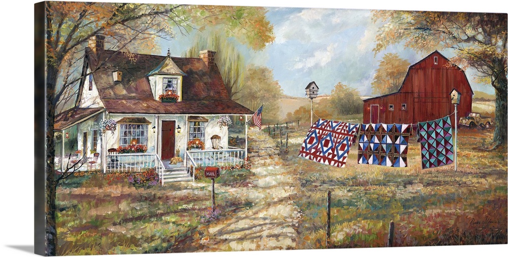 Large contemporary painting of a farm house and a red barn with three quilts hanging on the line.