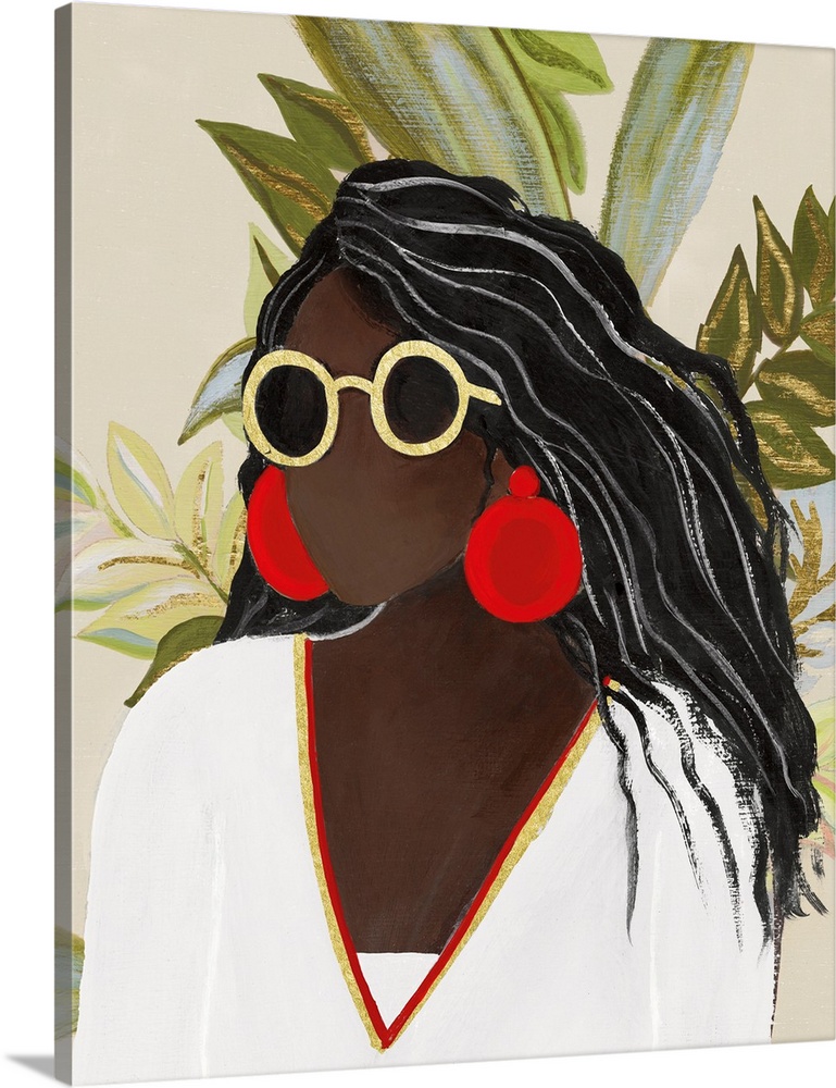 A contemporary portrait of a Black woman with long dark hair, large sunglasses and huge red earrings