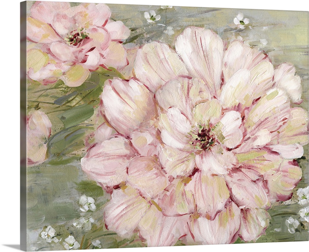 Contemporary artwork of blush pink flowers on a mossy green background with a vintage feel.