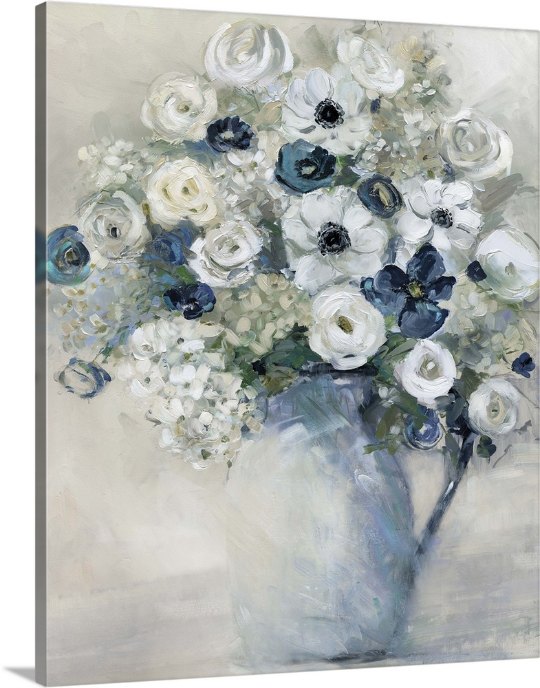 Vertical artwork of a vase full of flowers in tones of blue, grey and white.