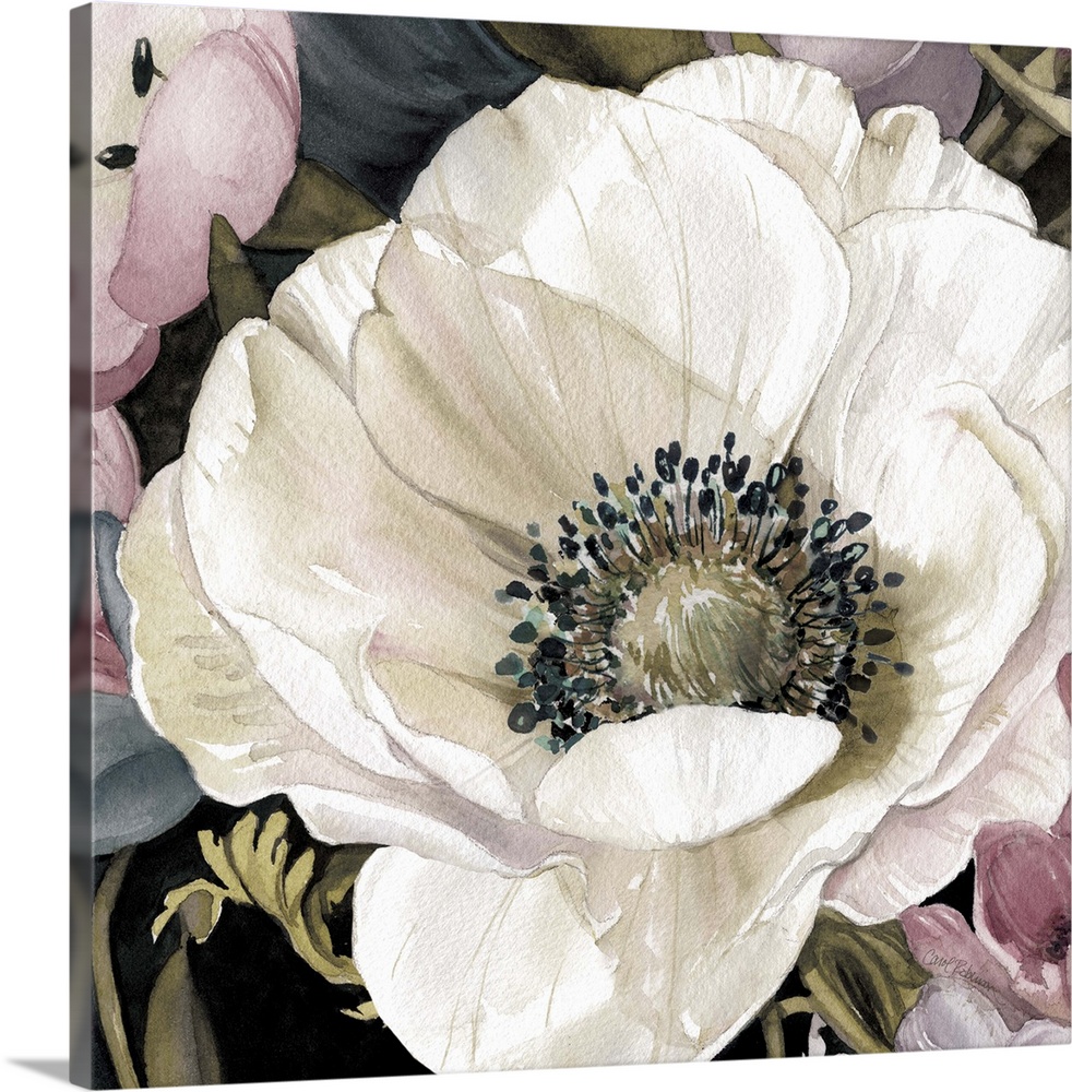 A watercolor painting of a white anemone flower close-up with different colored flowers around it.