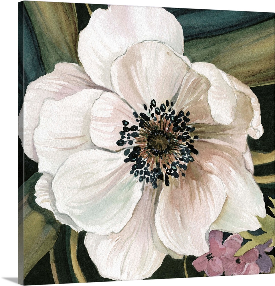 Square watercolor painting of a white anemone flower with a leafy blue and green background.